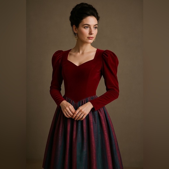 Vintage Dresses & Skirts - Vintage 1980s Nuit Womens Dress Sz 2 Petite Burgundy Velvet Puff Sleeve Midi